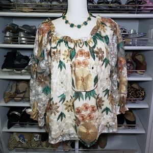 Flying Tomato Embroidered Floral Organza On/Off Shoulder Top